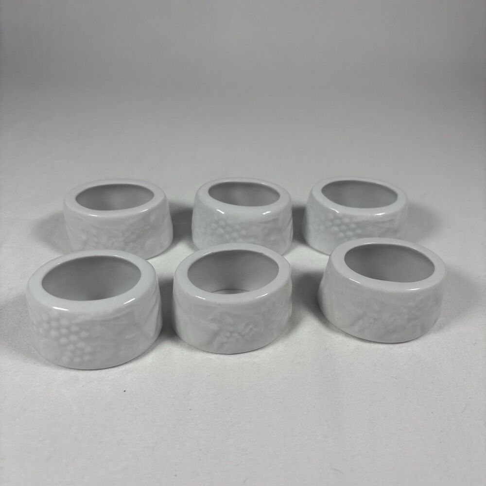 White Porcelain Grape Relief Napkin Rings Set of 6